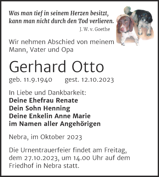 Traueranzeige von Gerhard Otto von Wochenspiegel Naumburg/Nebra