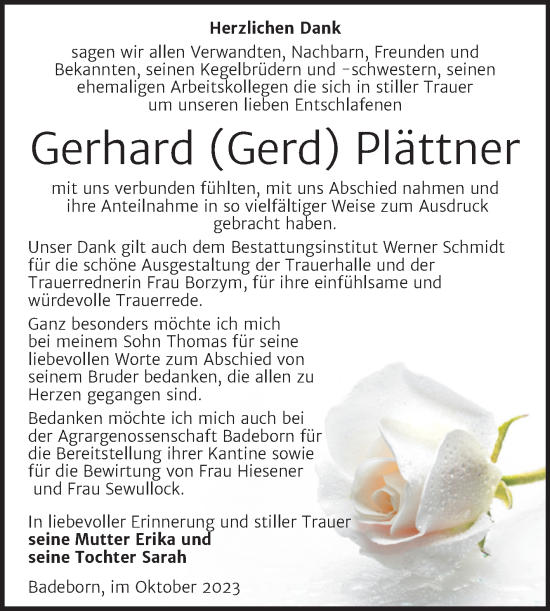 Traueranzeige von Gerhard Plättner von Trauerkombi Quedlinburg