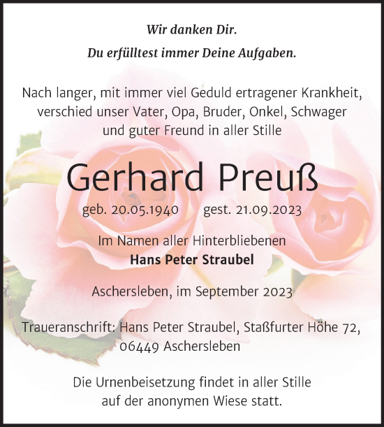 Traueranzeige von Gerhard Preuß von Trauerkombi Aschersleben