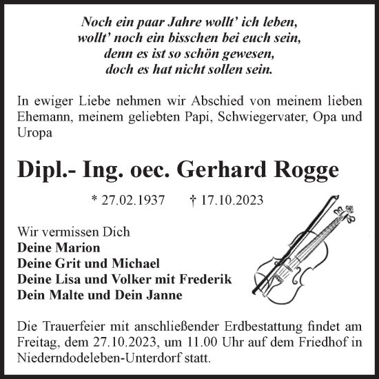 Traueranzeige von Gerhard Rogge von Volksstimme Magdeburg