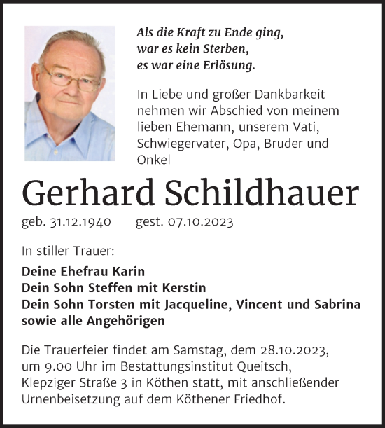 Traueranzeige von Gerhard Schildhauer von Trauerkombi Köthen