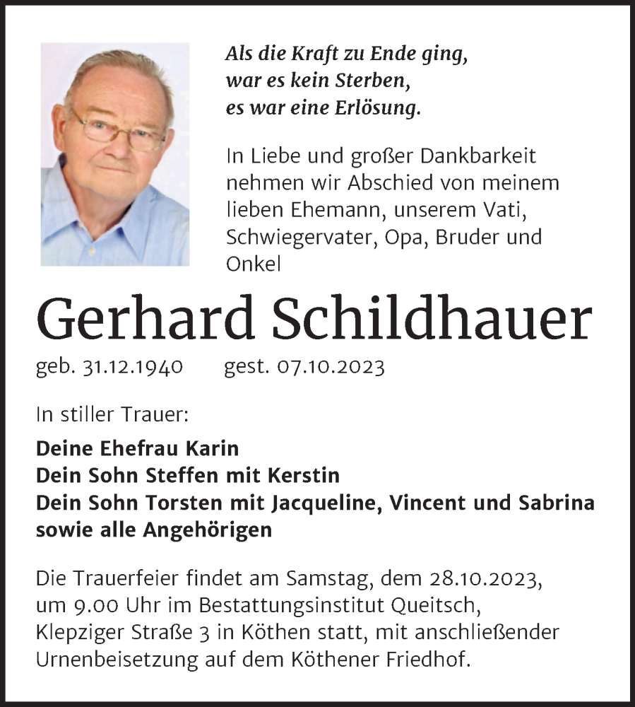  Traueranzeige für Gerhard Schildhauer vom 12.10.2023 aus Trauerkombi Köthen