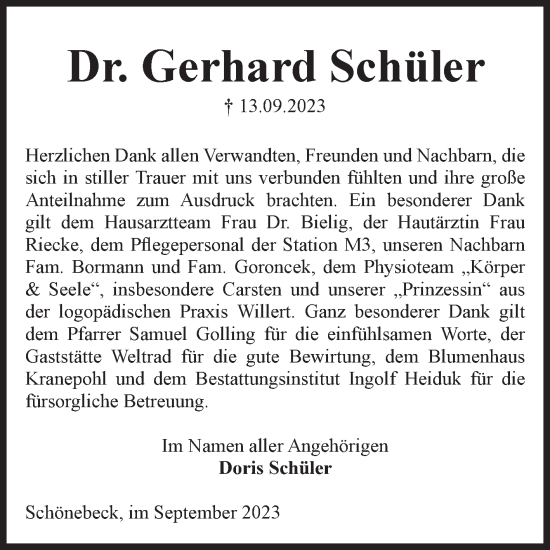 Traueranzeige von Gerhard Schüler von Volksstimme Schönebeck