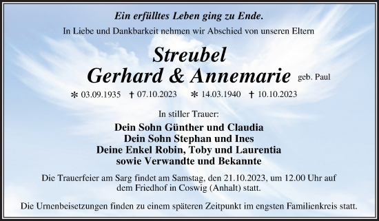 Traueranzeige von Gerhard und Annemarie Streubel von Trauerkombi Wittenberg