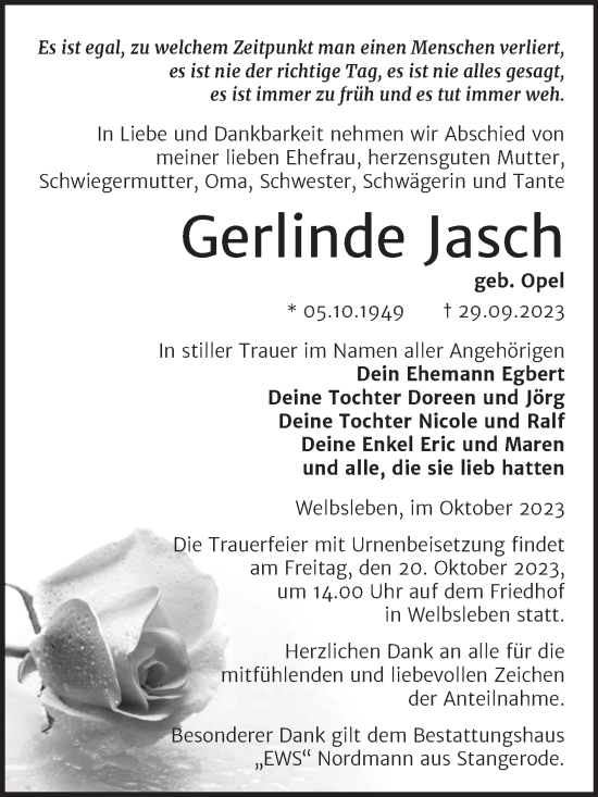 Traueranzeige von Gerlinde Jasch von Trauerkombi Mansfelder Land