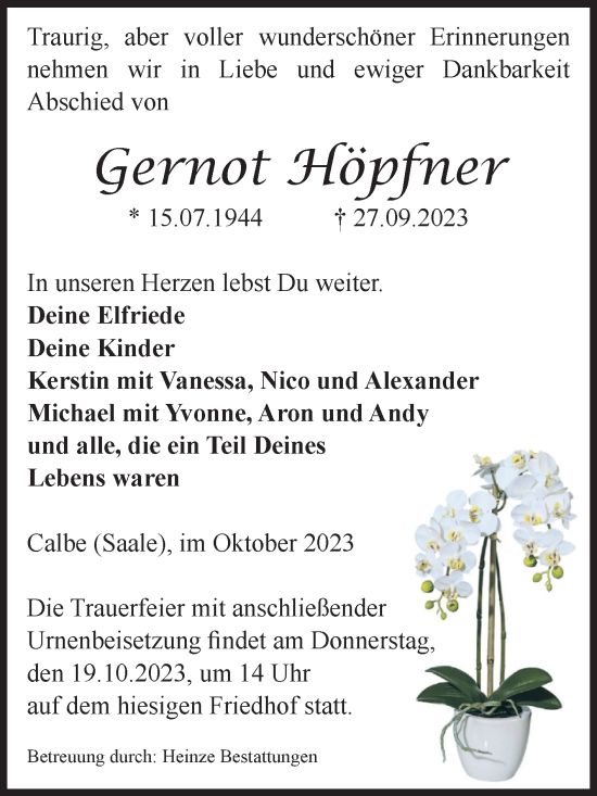 Traueranzeige von Gernot Höpfner von Volksstimme Schönebeck