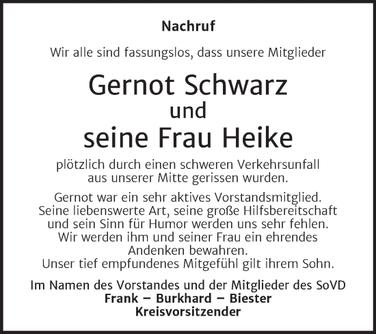 Traueranzeige von Gernot und Heike Schwarz von Trauerkombi Zeitz