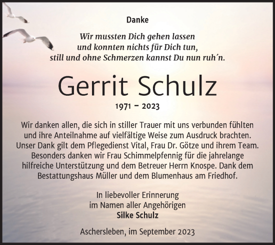 Traueranzeige von Gerrit Schulz von Trauerkombi Aschersleben