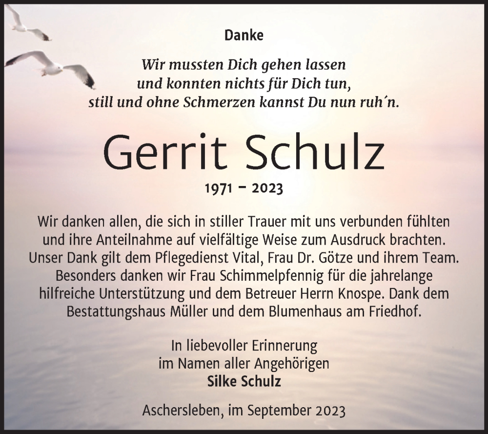  Traueranzeige für Gerrit Schulz vom 14.10.2023 aus Trauerkombi Aschersleben