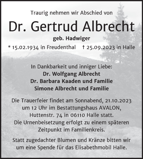 Traueranzeige von Gertrud Albrecht von Mitteldeutsche Zeitung Halle/Saalkreis