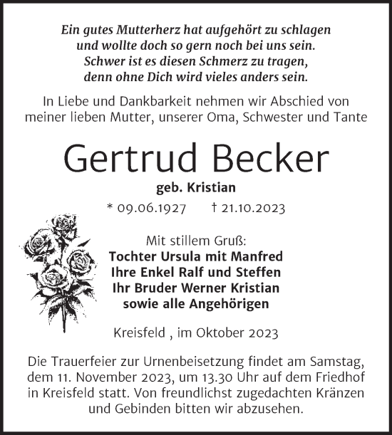 Traueranzeige von Gertrud Becker von Trauerkombi Mansfelder Land