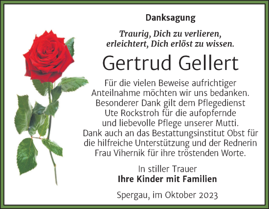 Traueranzeige von Gertrud Gellert von Trauerkombi Merseburg