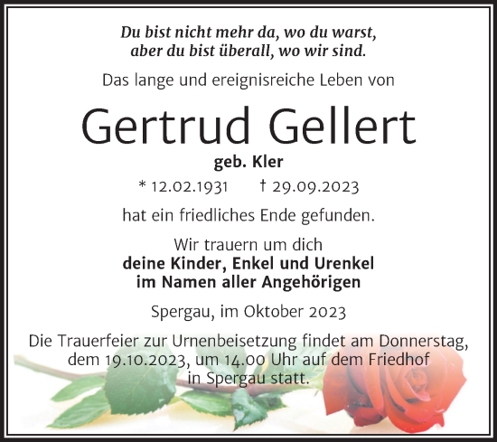 Traueranzeige von Gertrud Gellert von Trauerkombi Merseburg