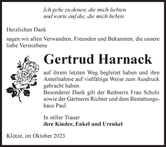 Traueranzeige von Gertrud Harnack von Volksstimme Altmark West