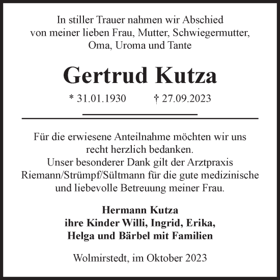 Traueranzeige von Gertrud Kutza von Volksstimme Haldensleben/Wolmirstedt