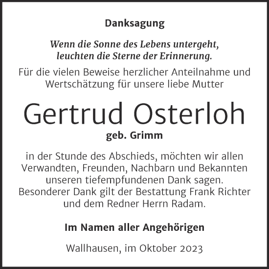 Traueranzeige von Gertrud Osterloh von Trauerkombi Sangerhausen