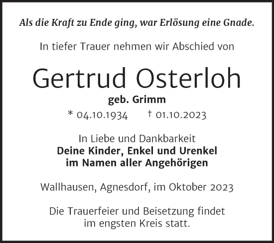 Traueranzeige von Gertrud Osterloh von Trauerkombi Sangerhausen
