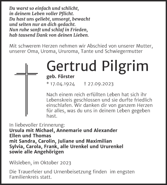 Traueranzeige von Gertrud Pilgrim von Mitteldeutsche Zeitung Aschersleben