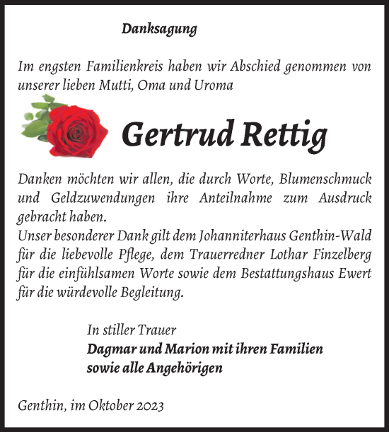 Traueranzeige von Gertrud Rettig von Volksstimme Burg/Genthin