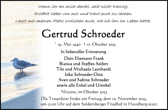 Traueranzeige von Gertrud Schroeder von Volksstimme Altmark Ost