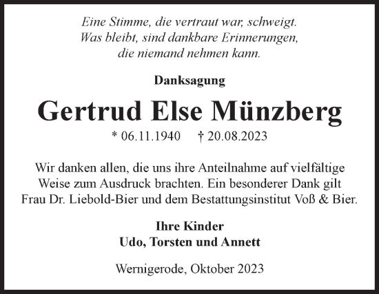 Traueranzeige von Gertrud Else Münzberg von Volksstimme Wernigerode
