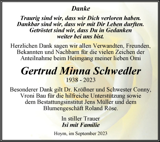 Traueranzeige von Gertrud Minna Schwedler von Trauerkombi Aschersleben