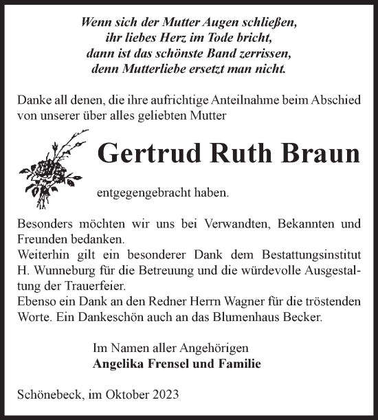 Traueranzeige von Gertrud Ruth Braun von Volksstimme Schönebeck