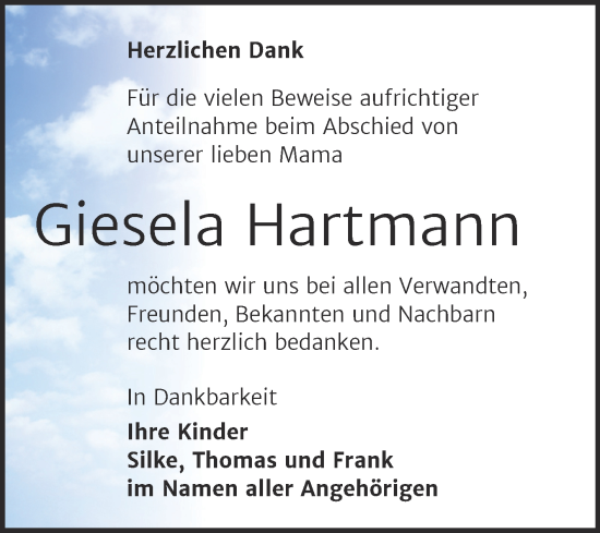 Traueranzeige von Giesela Hartmann von Trauerkombi Weißenfels