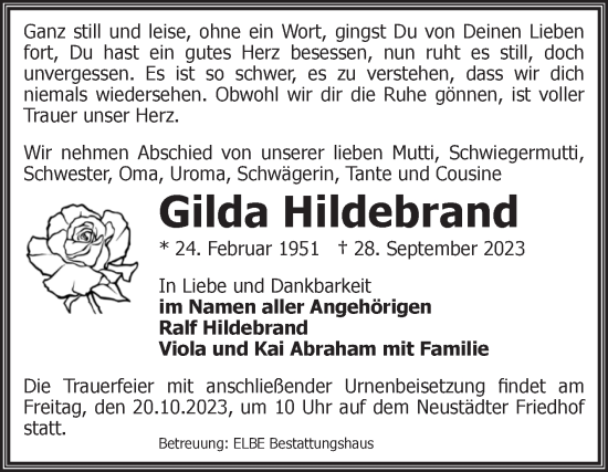 Traueranzeige von Gilda Hildebrand von Volksstimme Magdeburg