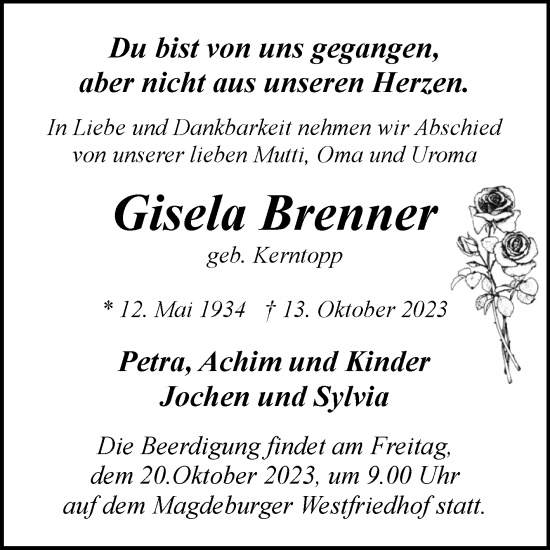 Traueranzeige von Gisela Brenner von Volksstimme Magdeburg