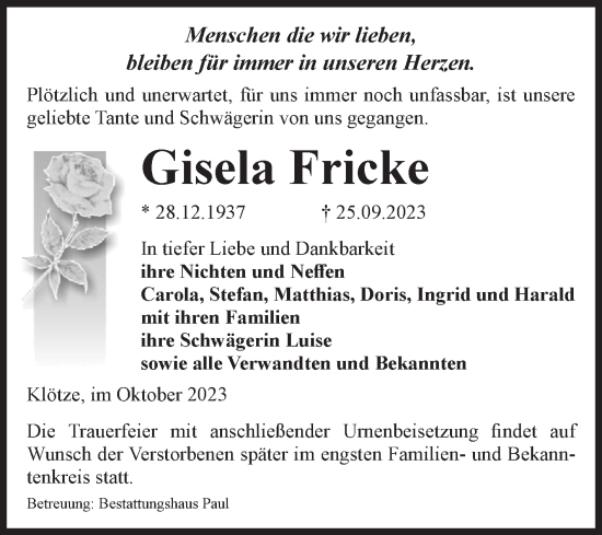 Traueranzeige von Gisela Fricke von Volksstimme Altmark West