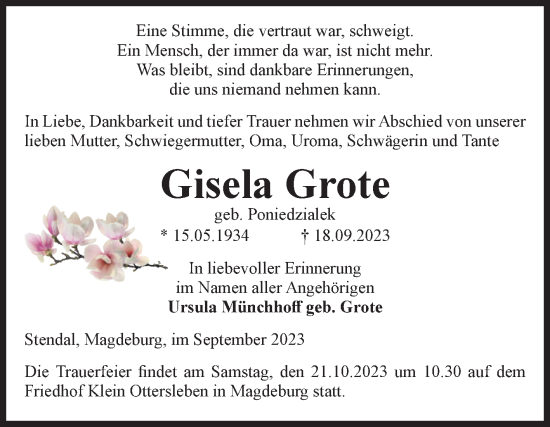 Traueranzeige von Gisela Grote von Volksstimme Magdeburg