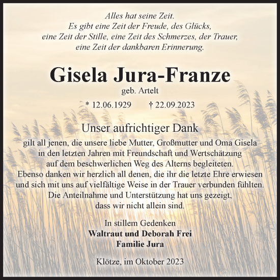 Traueranzeige von Gisela Jura-Franze von Volksstimme Altmark West