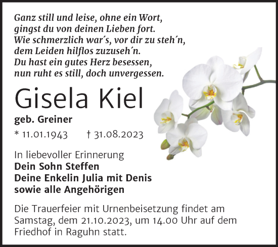 Traueranzeige von Gisela Kiel von Trauerkombi Bitterfeld