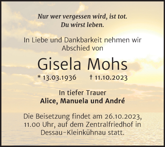 Traueranzeige von Gisela Mohs von Trauerkombi Dessau