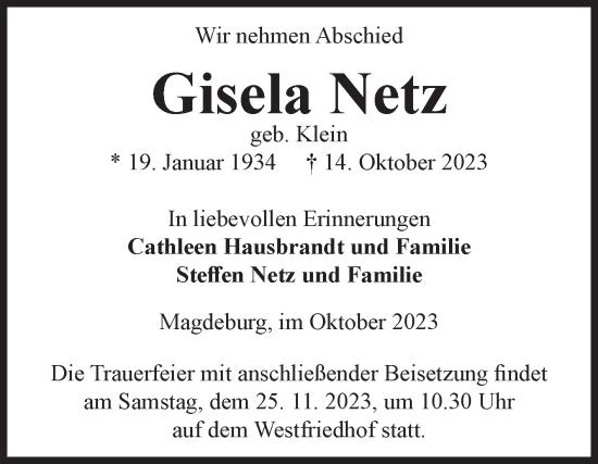 Traueranzeige von Gisela Netz von Volksstimme Magdeburg