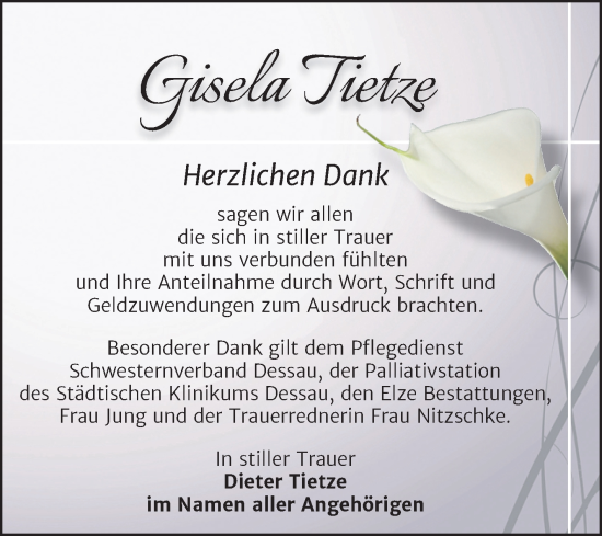 Traueranzeige von Gisela Tietze von Trauerkombi Dessau