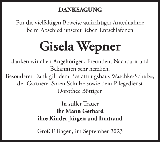 Traueranzeige von Gisela Wepner von Volksstimme Altmark Ost