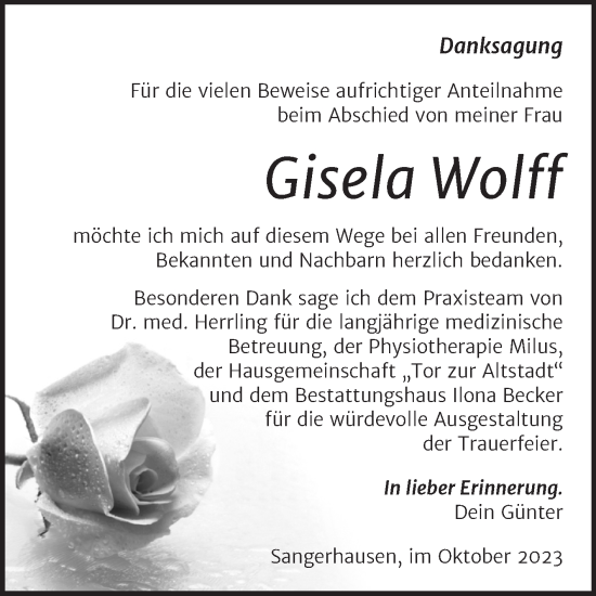 Traueranzeige von Gisela Wolff von Trauerkombi Sangerhausen