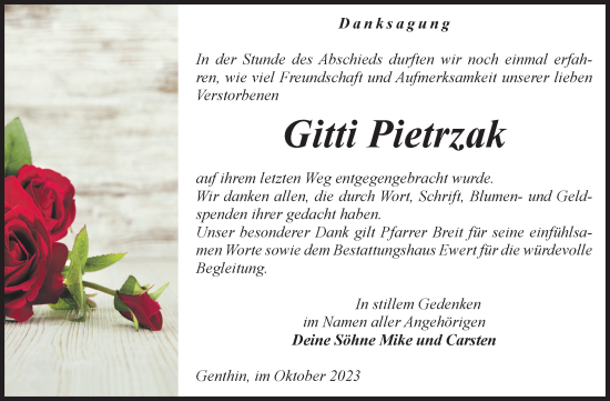 Traueranzeige von Gitti Pietrzak von Volksstimme Burg/Genthin