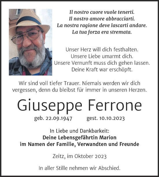 Traueranzeige von Giuseppe Ferrone von Trauerkombi Zeitz
