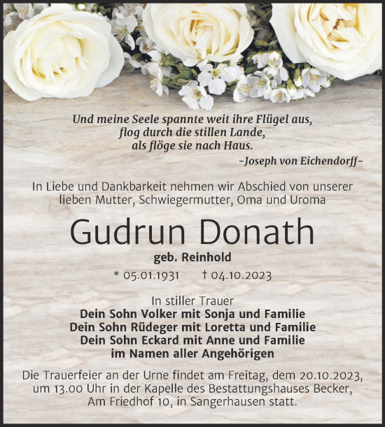 Traueranzeige von Gudrun Donath von Trauerkombi Sangerhausen