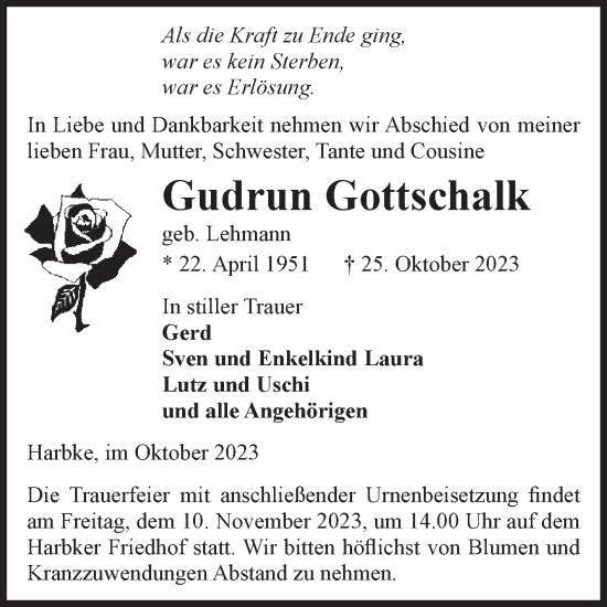 Traueranzeige von Gudrun Gottschalk von Volksstimme Oschersleben/Wanzleben