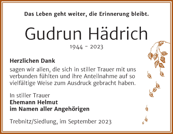 Traueranzeige von Gudrun Hädrich von Trauerkombi Weißenfels