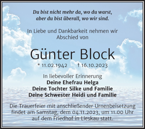 Traueranzeige von Günter Block von Mitteldeutsche Zeitung Halle/Saalkreis