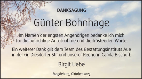 Traueranzeige von Günter Bohnhage von Volksstimme Magdeburg