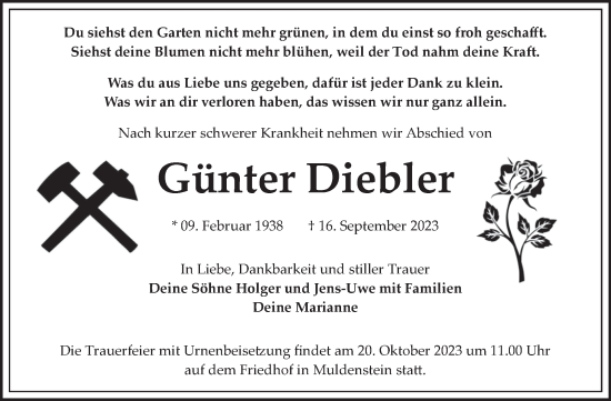 Traueranzeige von Günter Diebler von Trauerkombi Bitterfeld