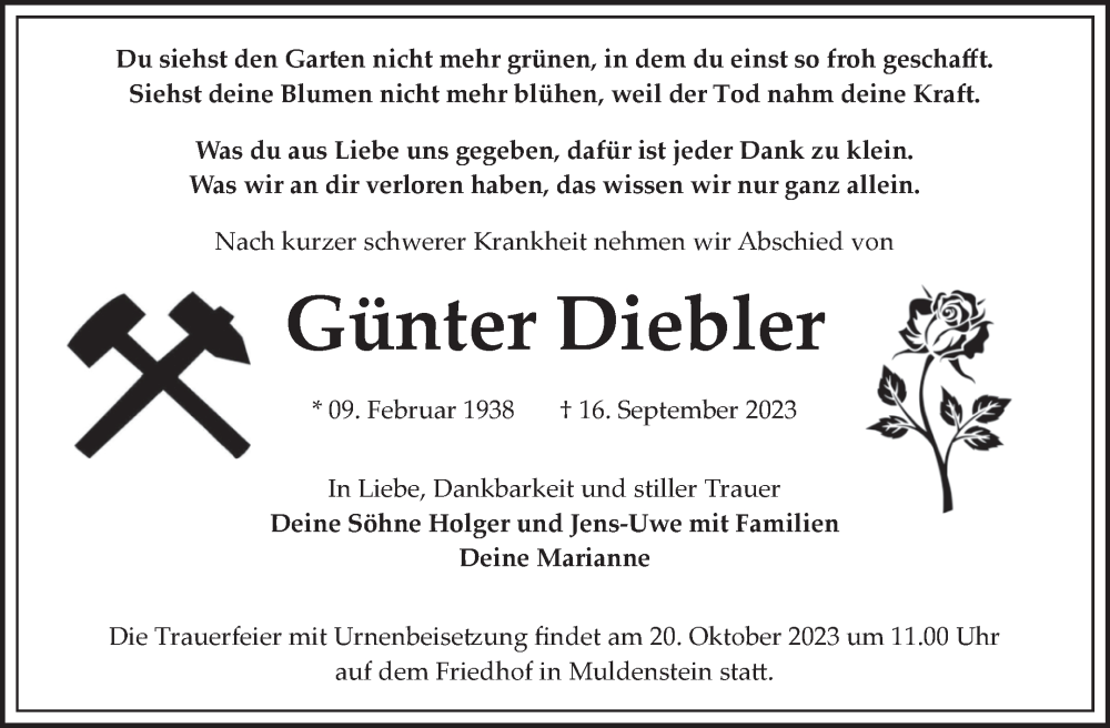  Traueranzeige für Günter Diebler vom 07.10.2023 aus Trauerkombi Bitterfeld