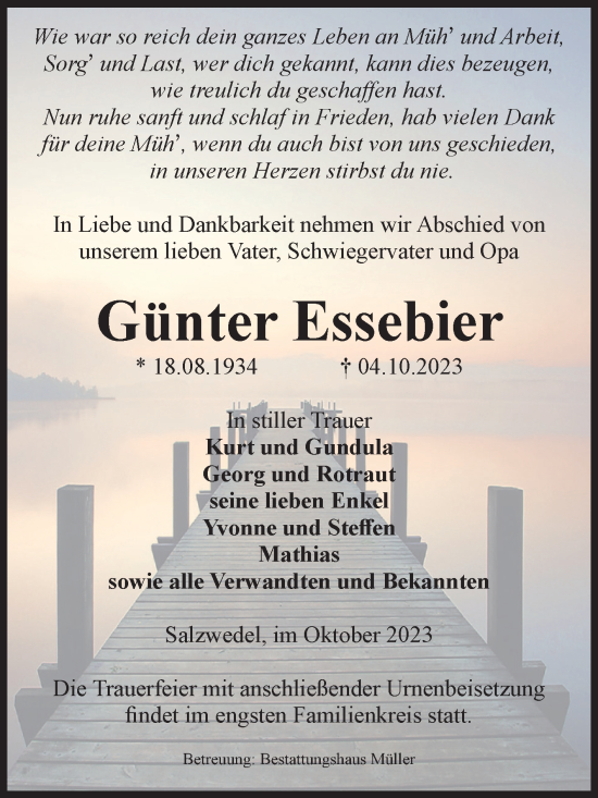 Traueranzeige von Günter Essebier von Volksstimme Altmark West