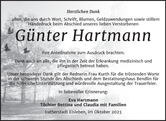 Traueranzeige von Günter Hartmann von Trauerkombi Mansfelder Land